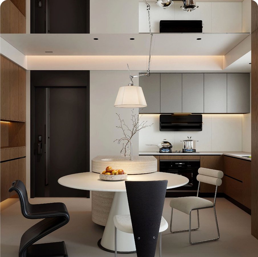 Contemporary kitchen and living rendering example